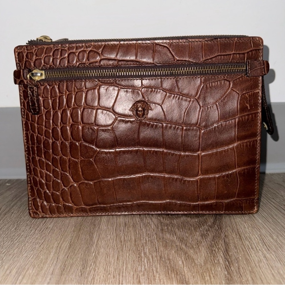 Brown Crocodile-Embossed Leather Bag